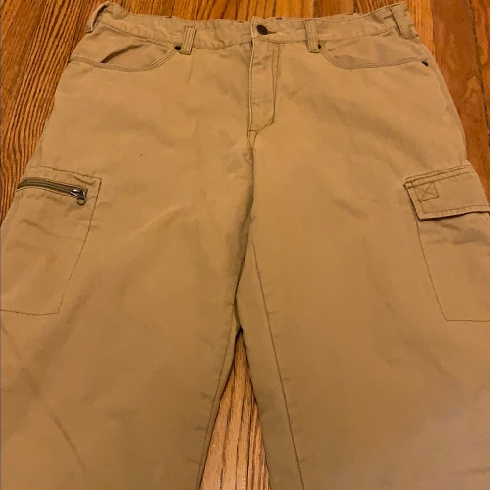 Eddie Bauer khaki pants with plaid interior lining